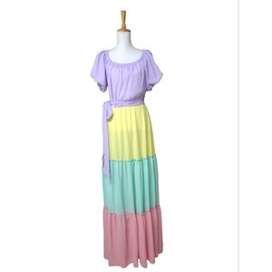 CURVACEOUS BOUTIQUE DRESS WOMENS 1XL PASTEL TIERED COLORBLOCK MAXI
